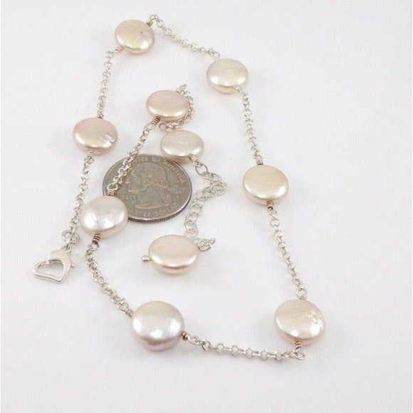 Sterling Silver Round Disc Pearl Station Link Necklace 19.5 - Picture 4 of 5